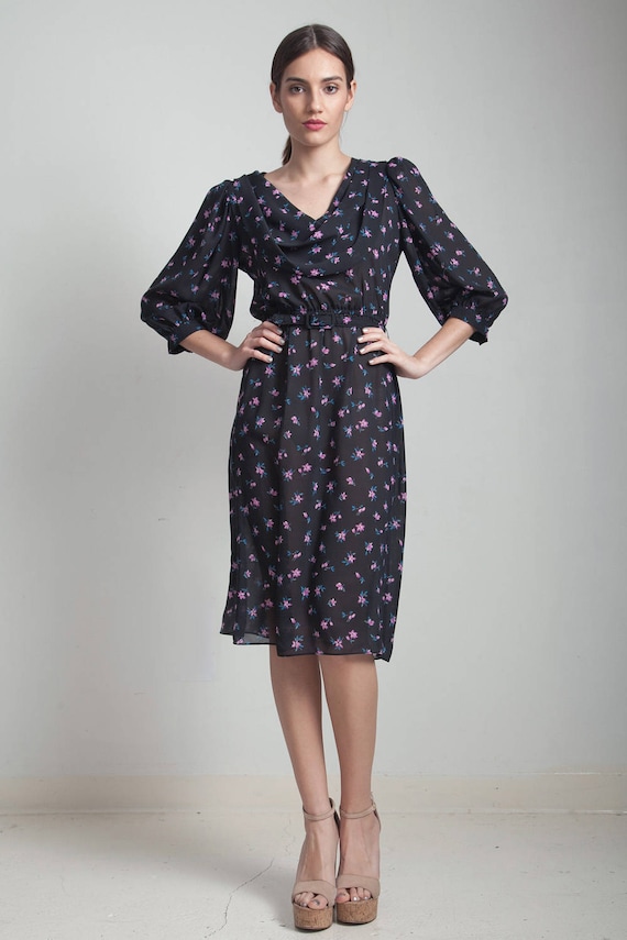 80s vintage dress black pink floral flowy semi sh… - image 1