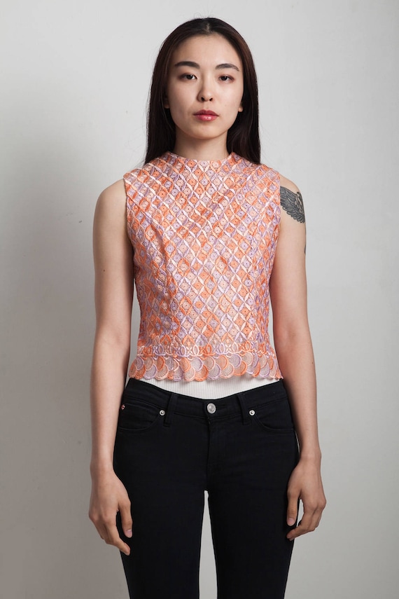 vintage 60s sleeveless lace top purple orange EXT… - image 1