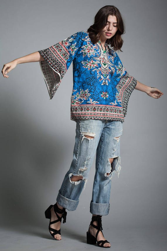 vintage 70s dashiki cotton tunic top angel sleeves