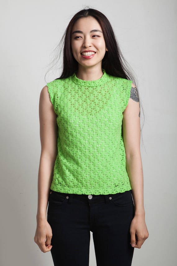 sleeveless knit sweater top eyelet lime green pul… - image 3