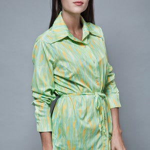 belted polyester shirt vintage 70s light green yellow bamboo stripes XL 1X extra large plus size 画像 3