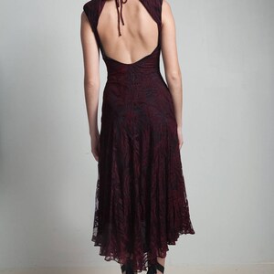 vintage 80s cocktail party dress lace cutout open back burgundy red on black beaded sequins SMALL S image 3