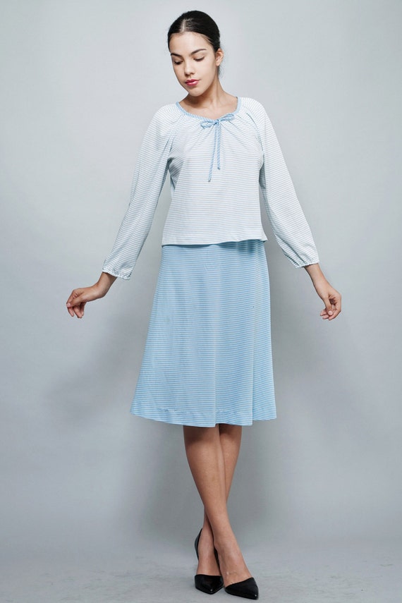 Knit Skirt Set White Blue Stripes Long Sleeves A-line Vintage 70s