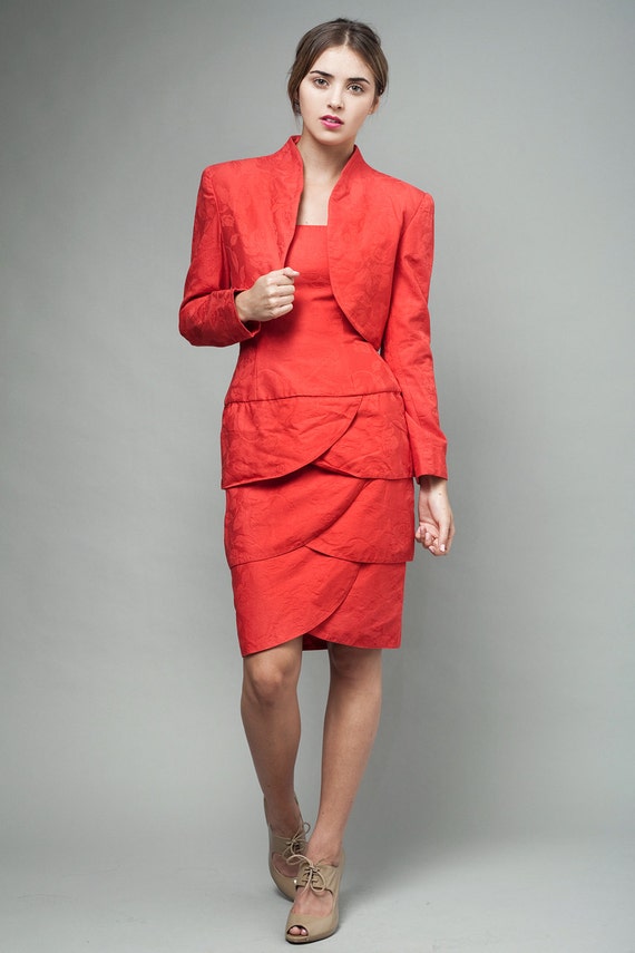 vintage 80s red dress bolero set rose jacquard st… - image 2