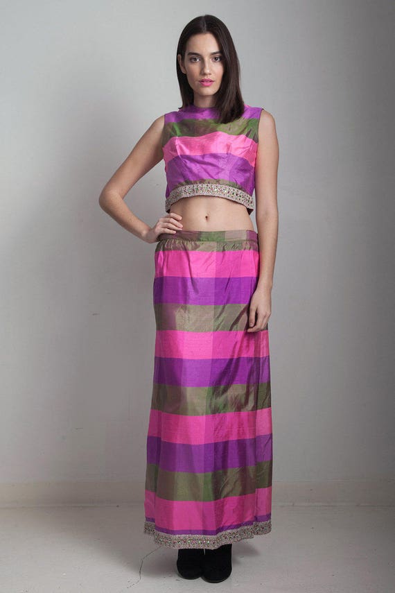 raw silk crop top maxi skirt set 2-piece vintage … - image 2