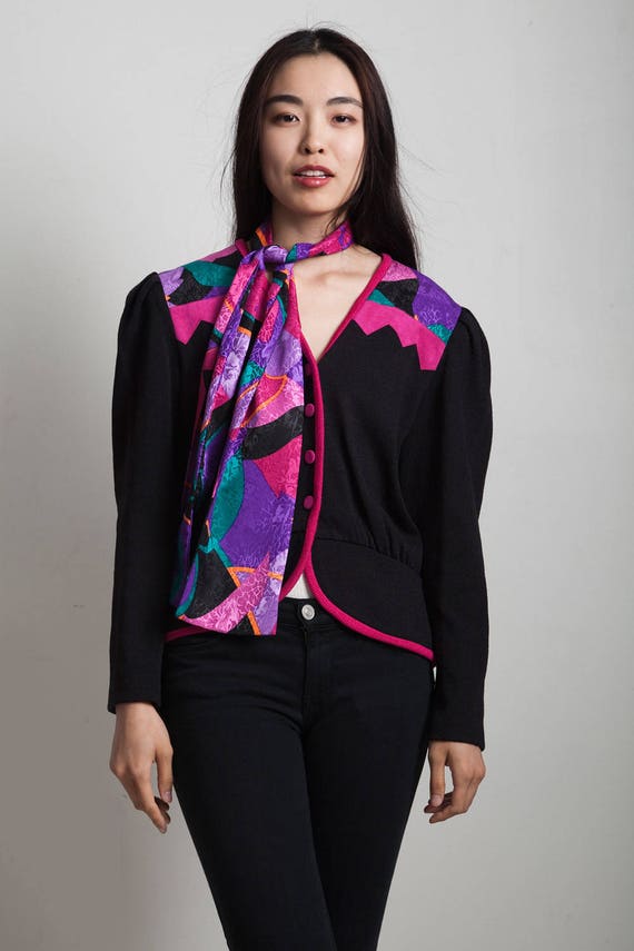 Peplum Knit Top Tulip Matching Scarf Shoulder Pads Black Pink | Etsy