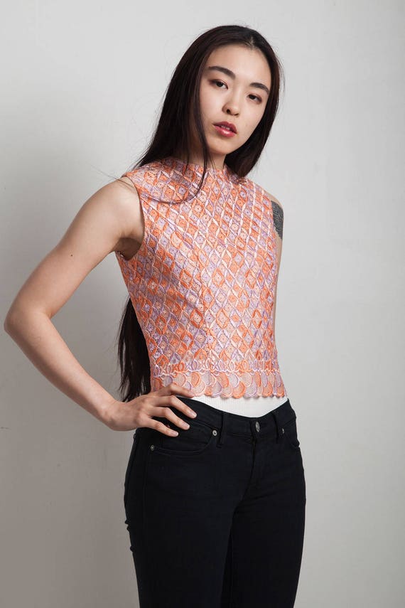 vintage 60s sleeveless lace top purple orange EXT… - image 2