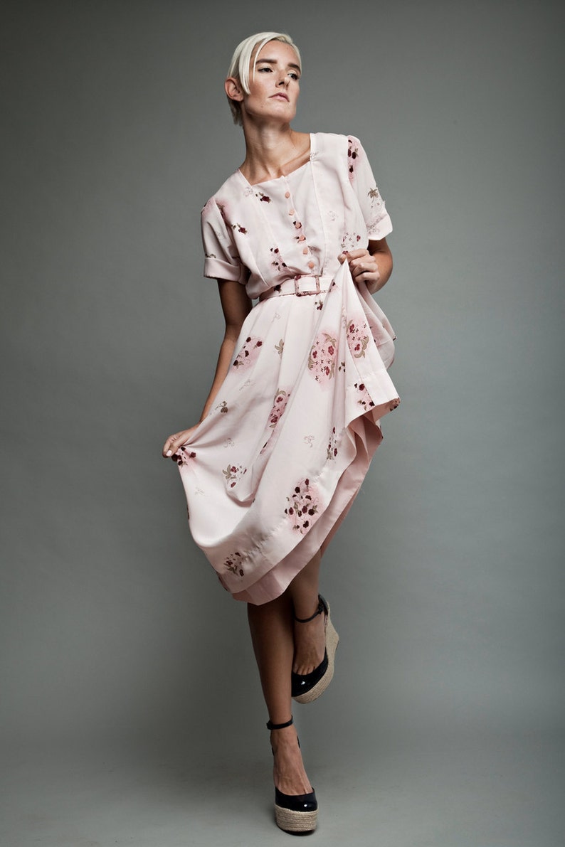 Vintage homemade day shirt dress full skirt pink floral ...