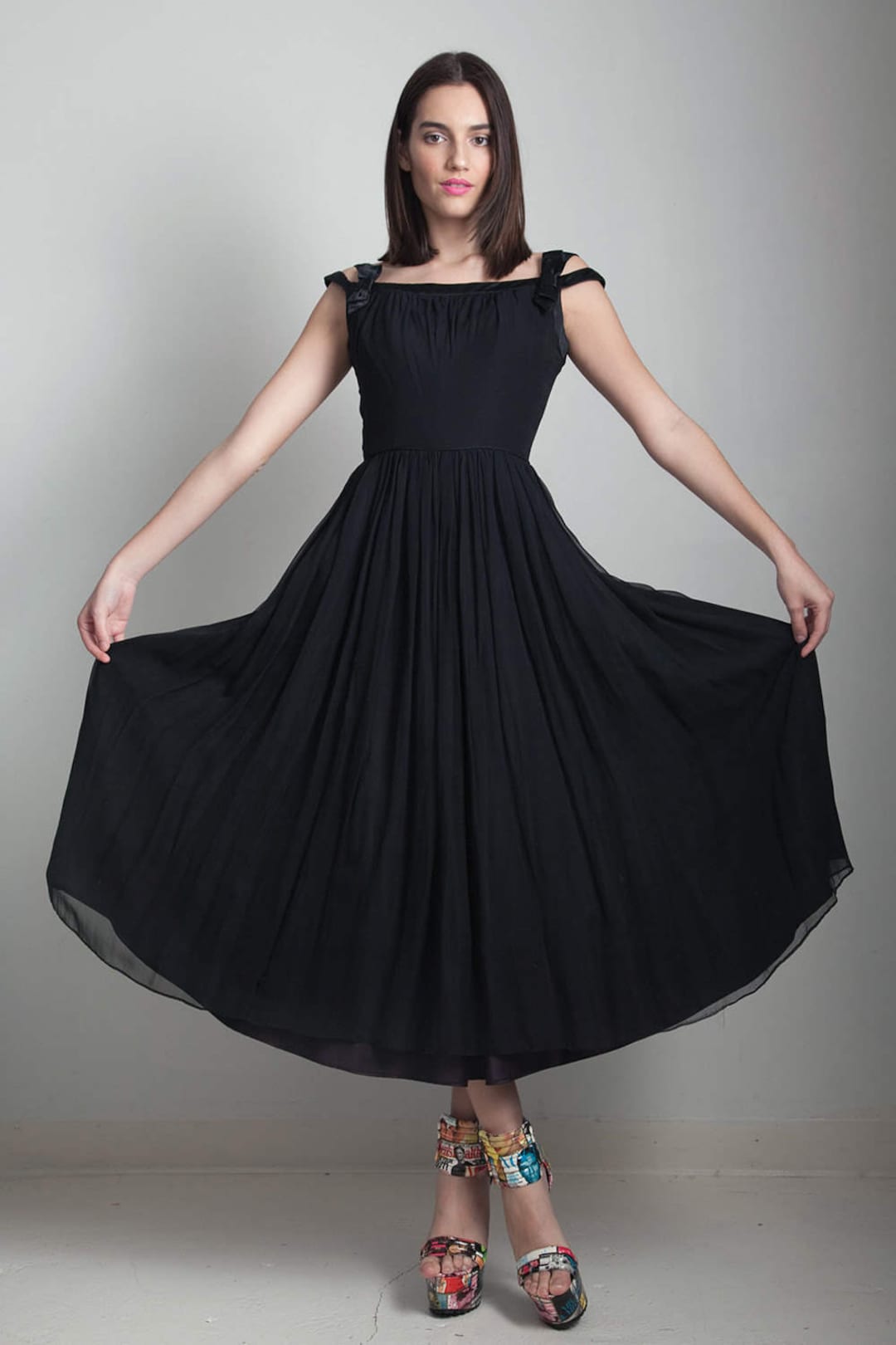 50s Black Party Dress Flowy Vintage Tea Length Pleated Full - Etsy