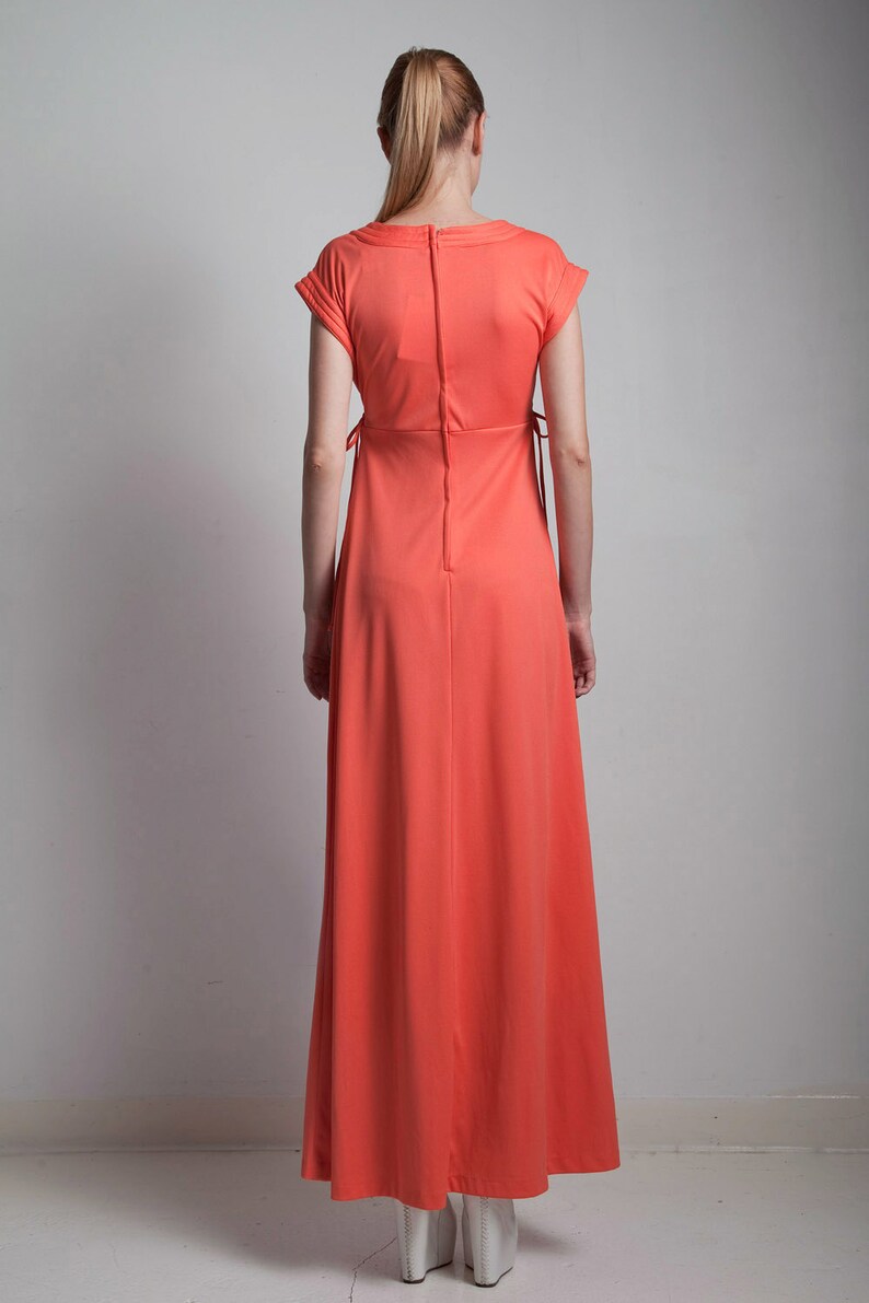 Maxi Dress Coral Orange Vintage 70s Empire Waist Side Ties | Etsy