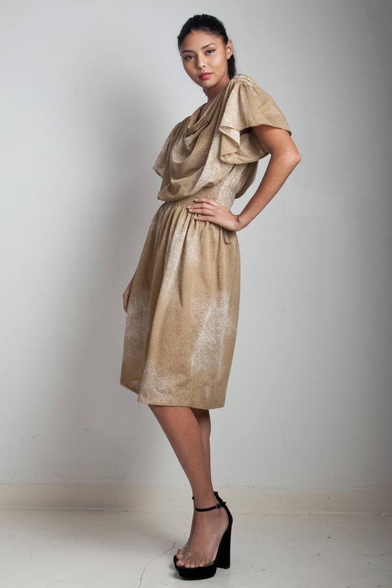 vintage 70s draped dress cowl neck beige brown whi