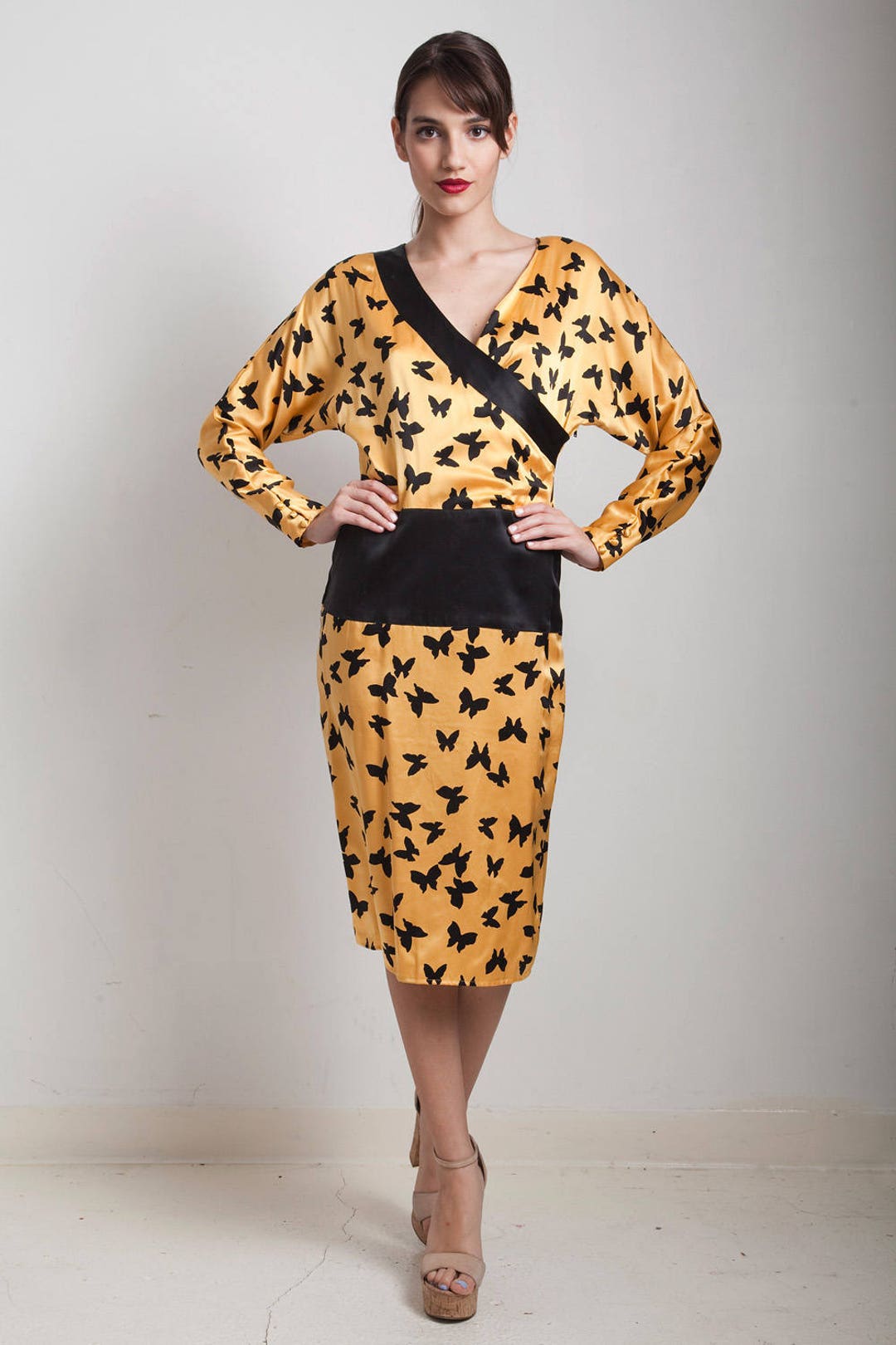 Buy Vintage 80s Flora Kung Silk Dress Butterfly Print Gold Yellow Black  Drop Waist Cummerbund SMALL S Online in India