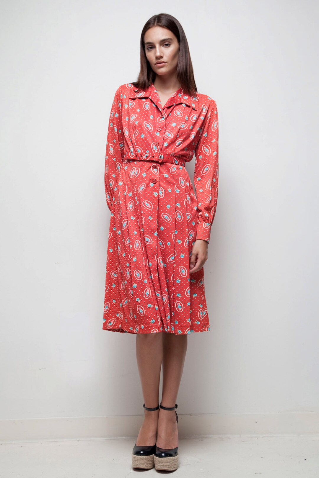 Shirt Waist Dress Belted Red Paisley Midi Modest Librarian Shirtdress