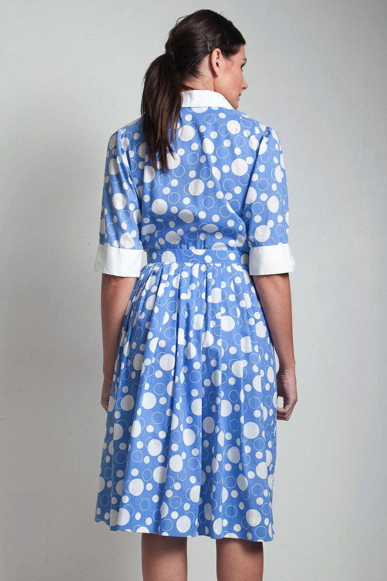70s vintage shirtwaist dress blue white bubble print cotton belted short sleeves MEDIUM M image 4