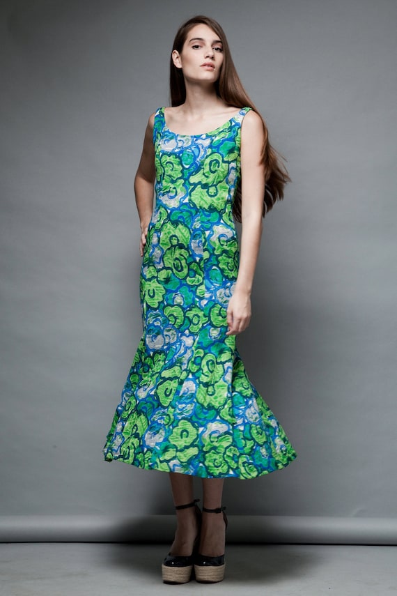 maxi dress vintage 50s green fishtail floral print