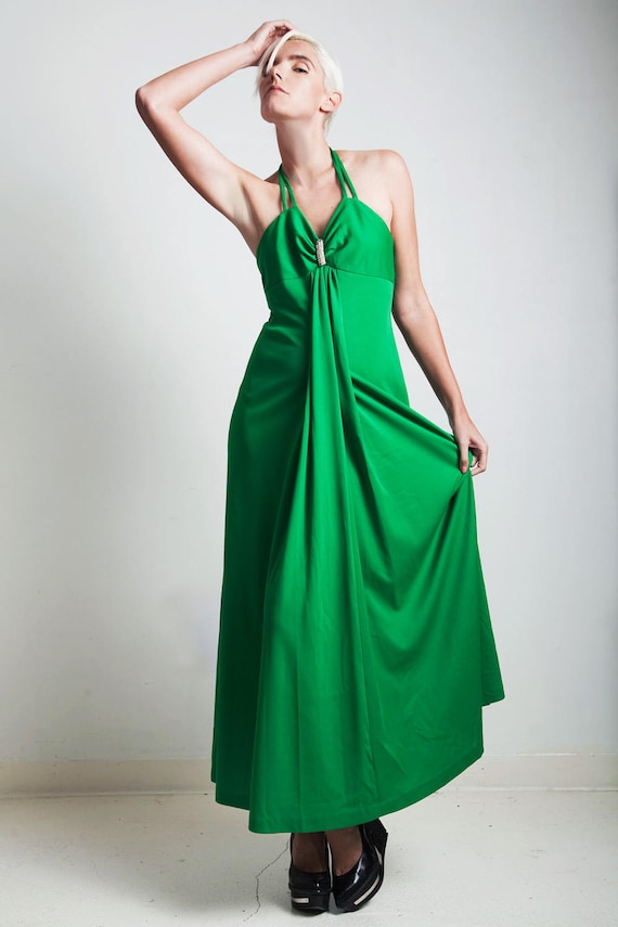 vintage 70s green hostess halter maxi dress empir… - image 1