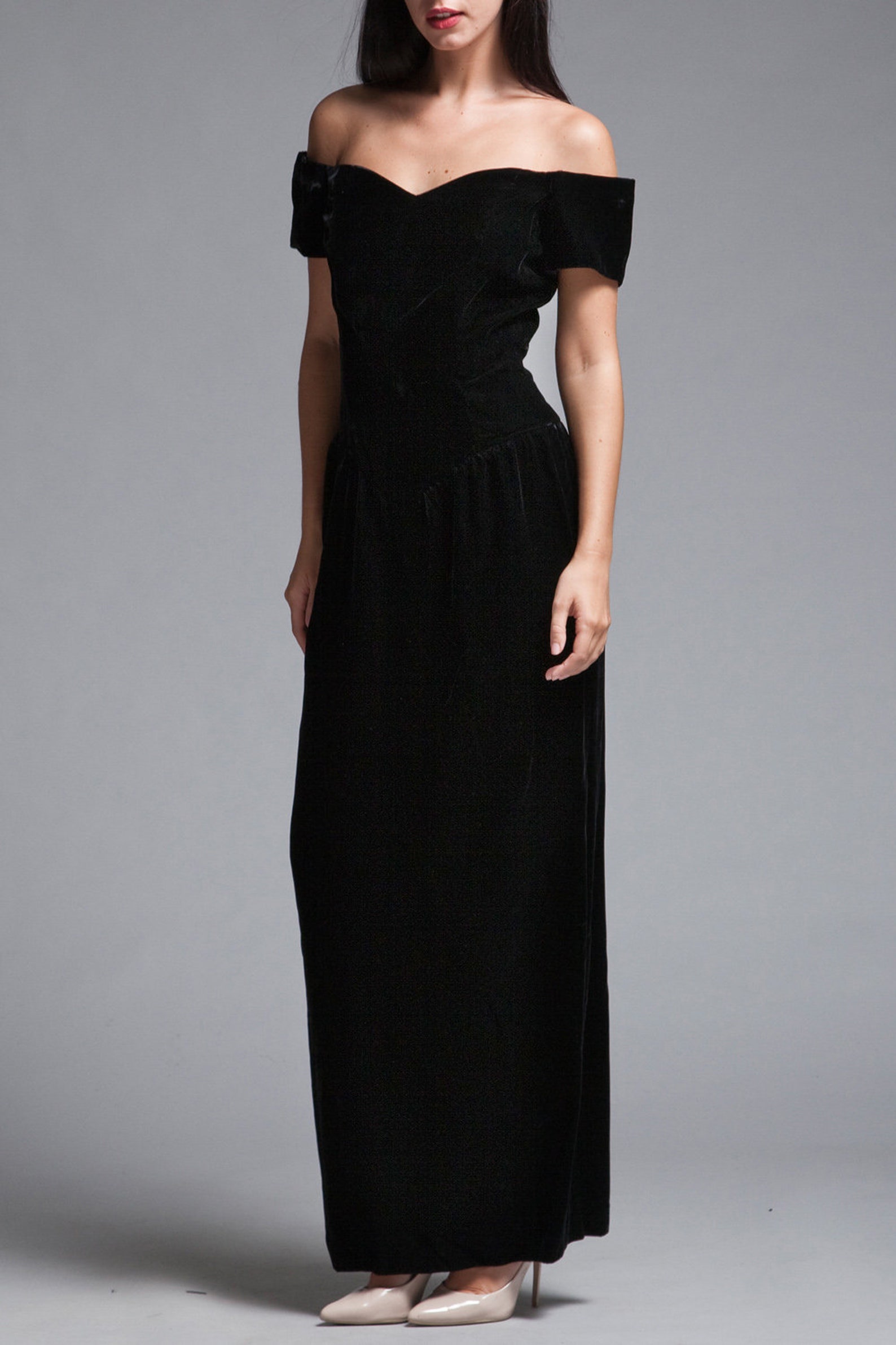 Evening Gown Black Velvet Dress Glam off the Shoulder Full Etsy