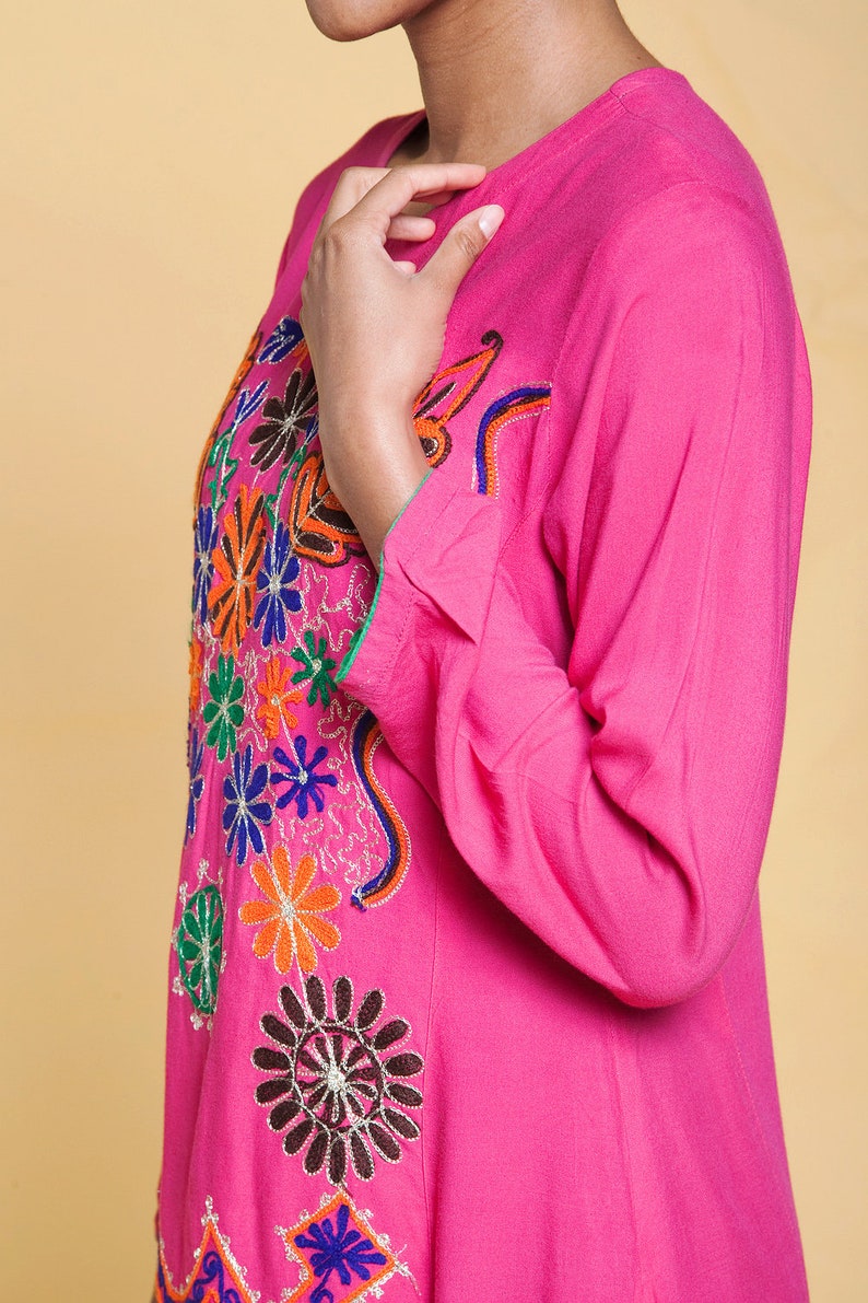 boho cotton festival dress hi-lo bright pink ethnic embroidery floral long sleeves vintage 70s MEDIUM M image 9