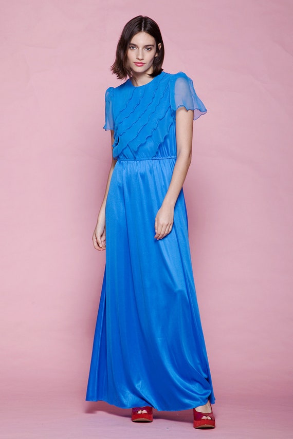 Maxi dress blue hostess ruffles sheer short sleeves slinky | Etsy