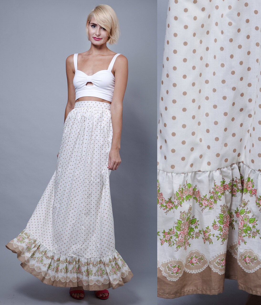Maxi Skirt, Ruffled Skirt, Polka Dot Skirt, Vintage 70s