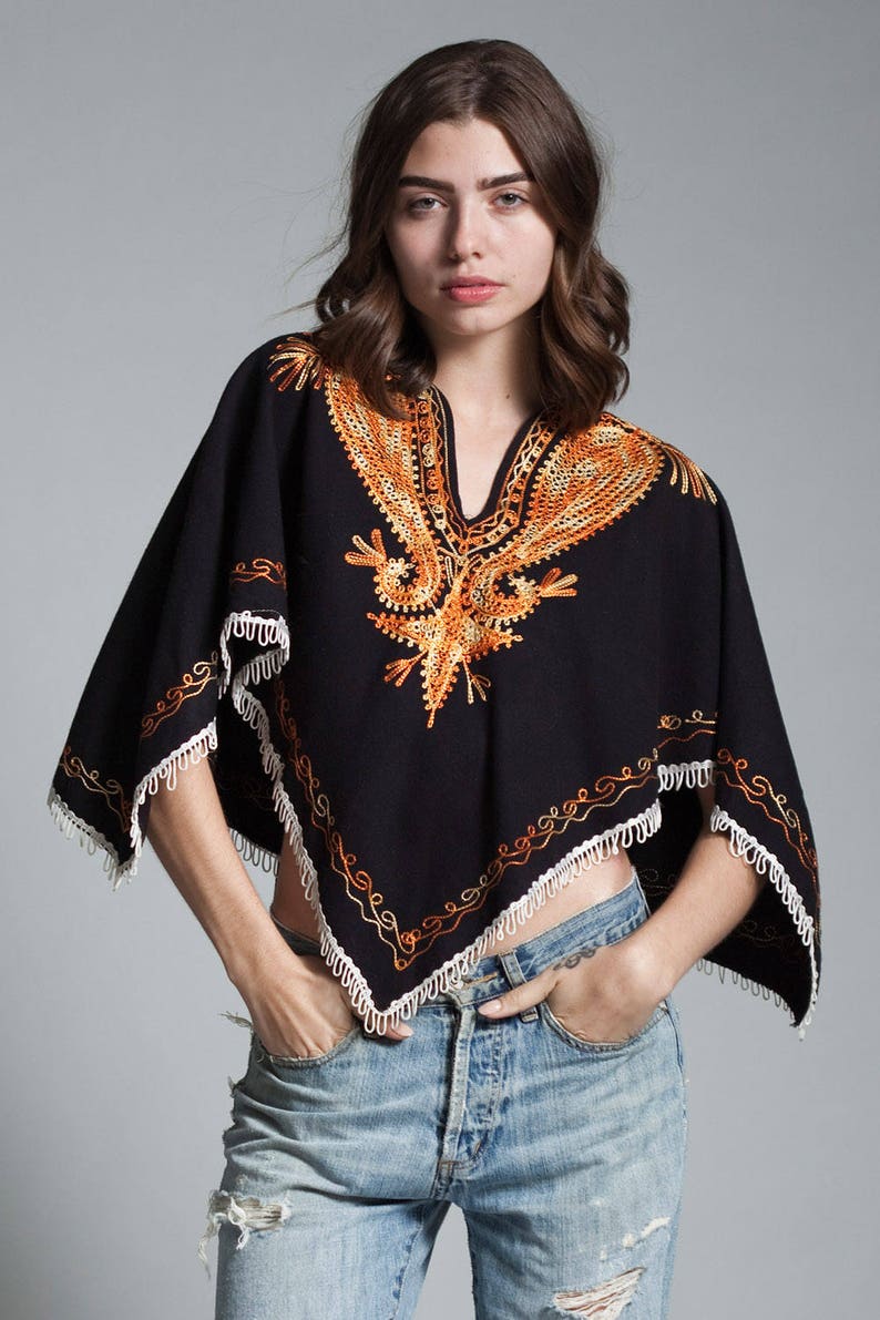 vintage 70s poncho cape top hippie boho embroidery black orange ONE SIZE S M L small medium large