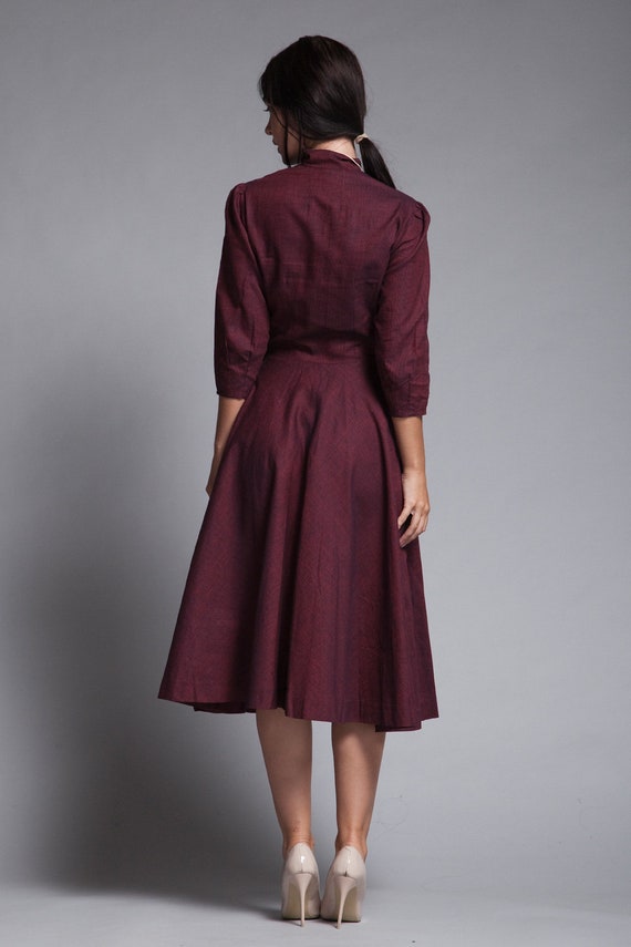 shirtwaist dress midi burgundy red pleated skirt … - image 7