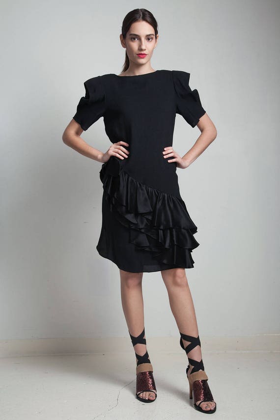 vintage 80s black crepe ruffled dress asymmetrical