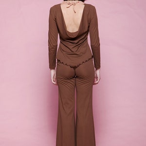 boho pant set matching top 2-piece brown pantsuit jumpsuit cowl open back beaded macrame vintage 70s EXTRA small SMALL XS S image 5