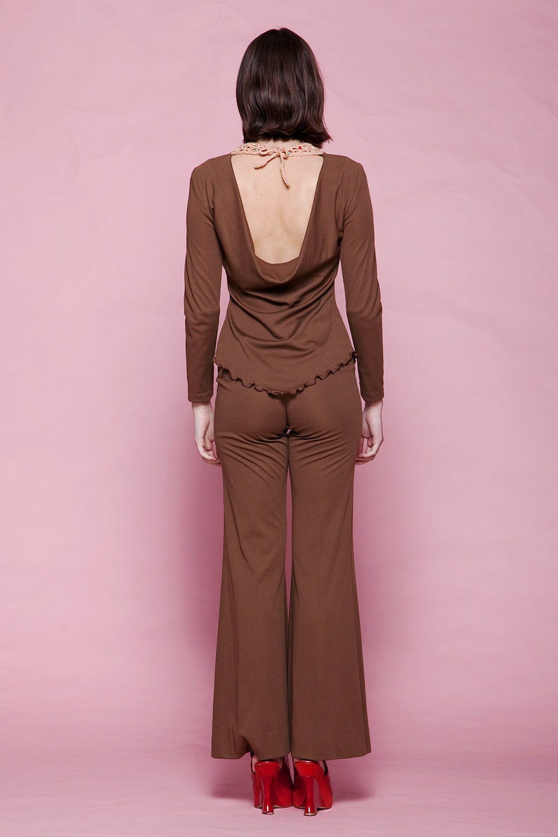 boho pant set matching top 2-piece brown pantsuit jumpsuit cowl open back beaded macrame vintage 70s EXTRA small SMALL XS S image 5