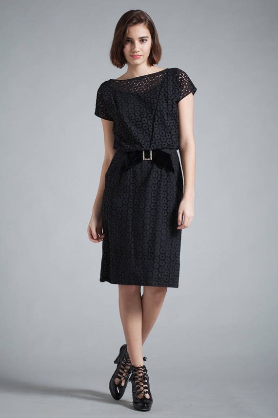 vintage 60s black eyelet lace dress cocktail part… - image 1