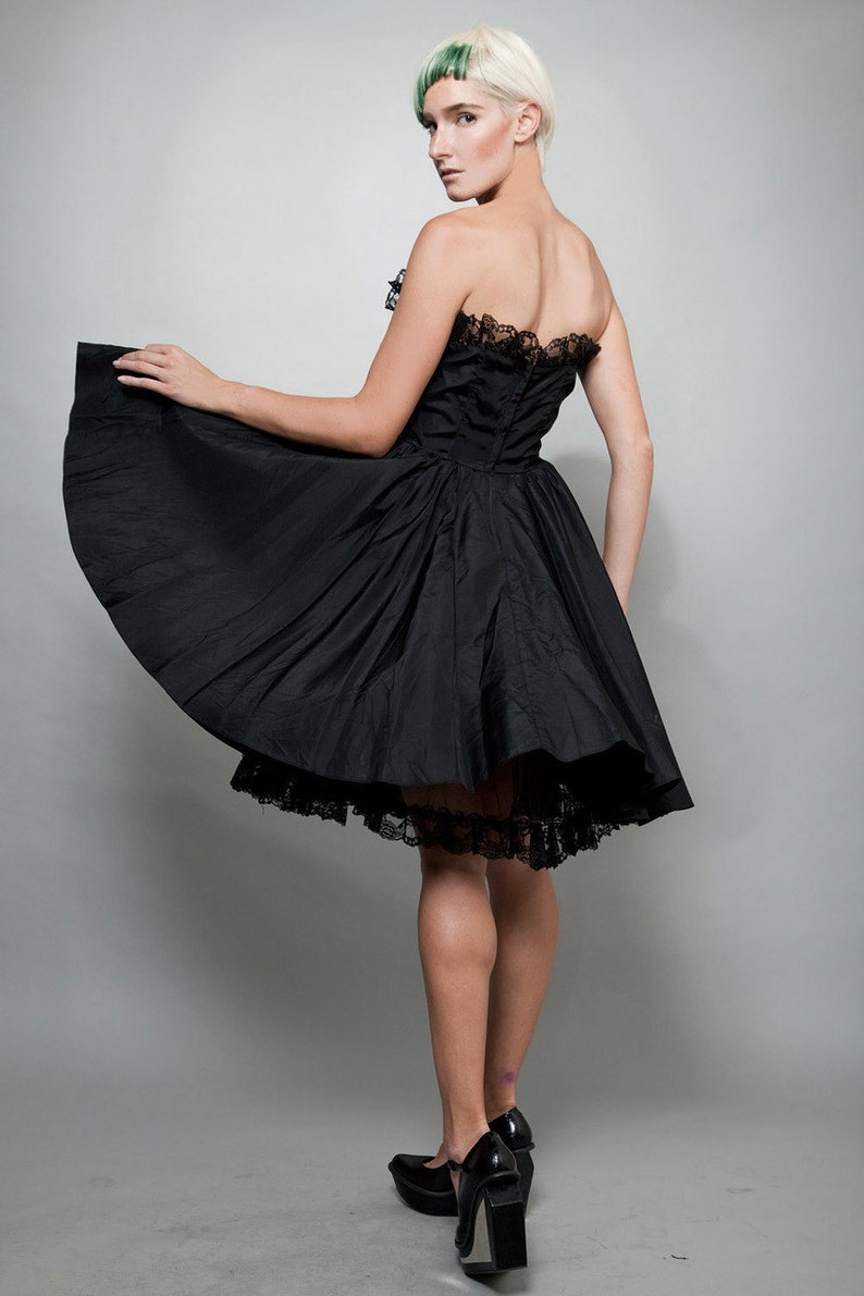 party dress black, strapless dress, taffeta dress, full skirt dress, vintage 80s S M Small Medium image 2