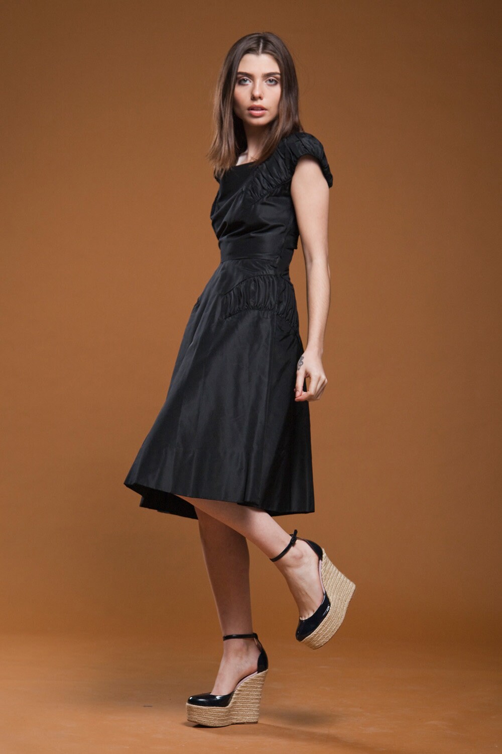 Vintage 50s 1950s Party Dress Cocktail Black Taffeta Full Skirt Sleeveless Gathered Extra Small