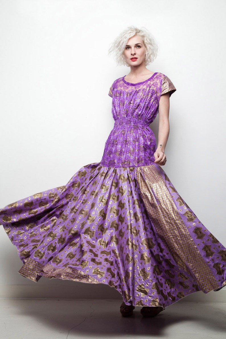 African wax fabric evening gown maxi dress purple gold lace open back L LARGE SU-1 image 1