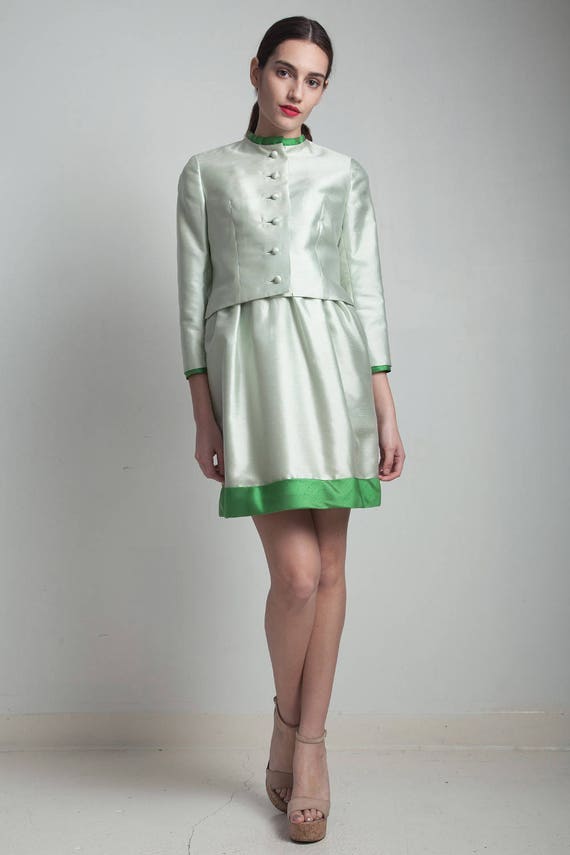 vintage 50s mini silk dress jacket set light gree… - image 2