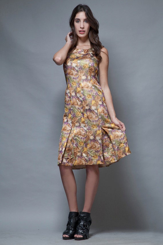 vintage 50s party dress metallic yellow floral bo… - image 1