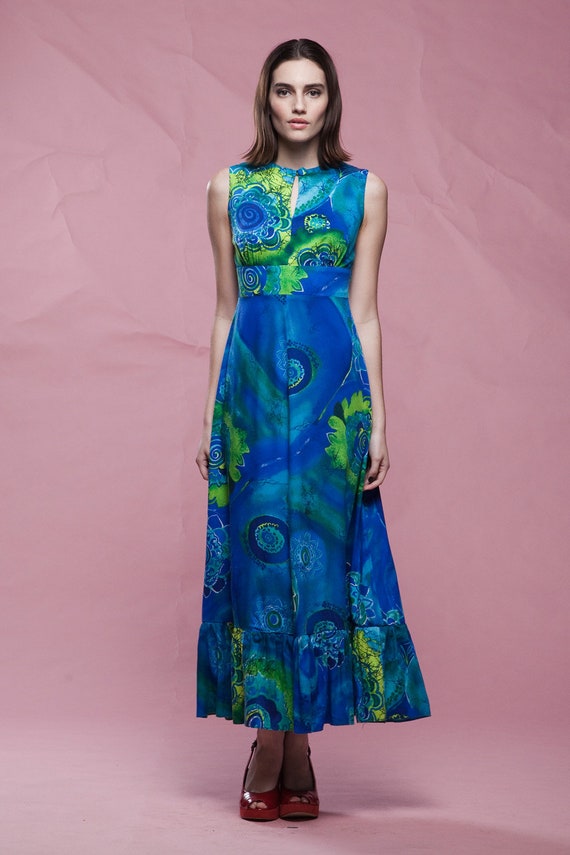 Hawaiian maxi dress blue cotton print sleeveless … - image 5