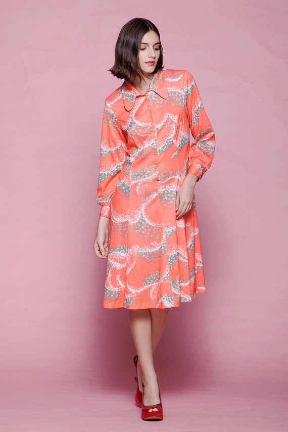 orange shirt dress tangerine green print long slee