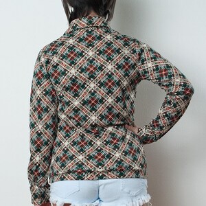 Vintage 70s Blouse Disco Polyester knit Shirt Multicolored Plaid tartan long sleeves M MEDIUM 38 Bust image 4