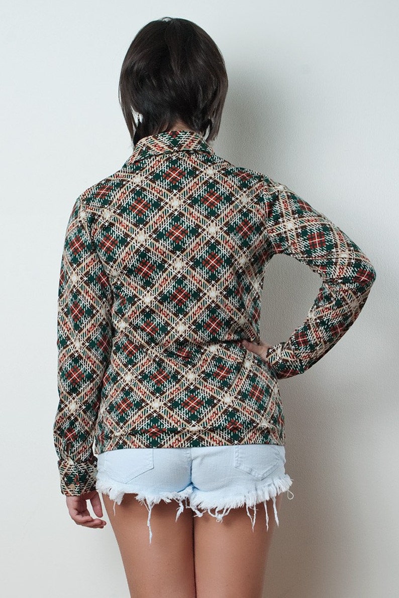 Vintage 70s Blouse Disco Polyester knit Shirt Multicolored Plaid tartan long sleeves M MEDIUM 38 Bust image 4