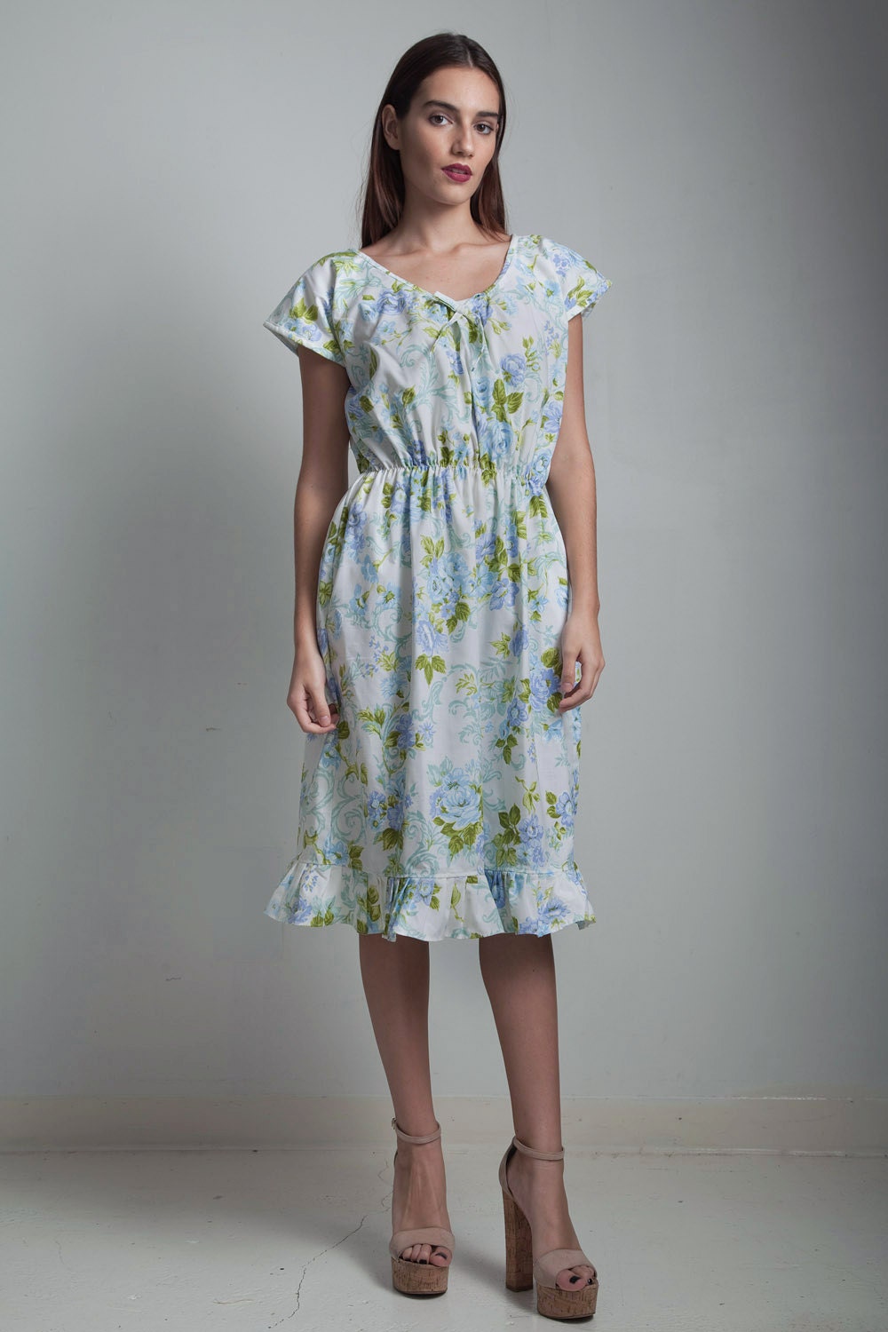 Floral Day Dress Blue Flower Print Elastic Feminine Vintage 70s ONE ...