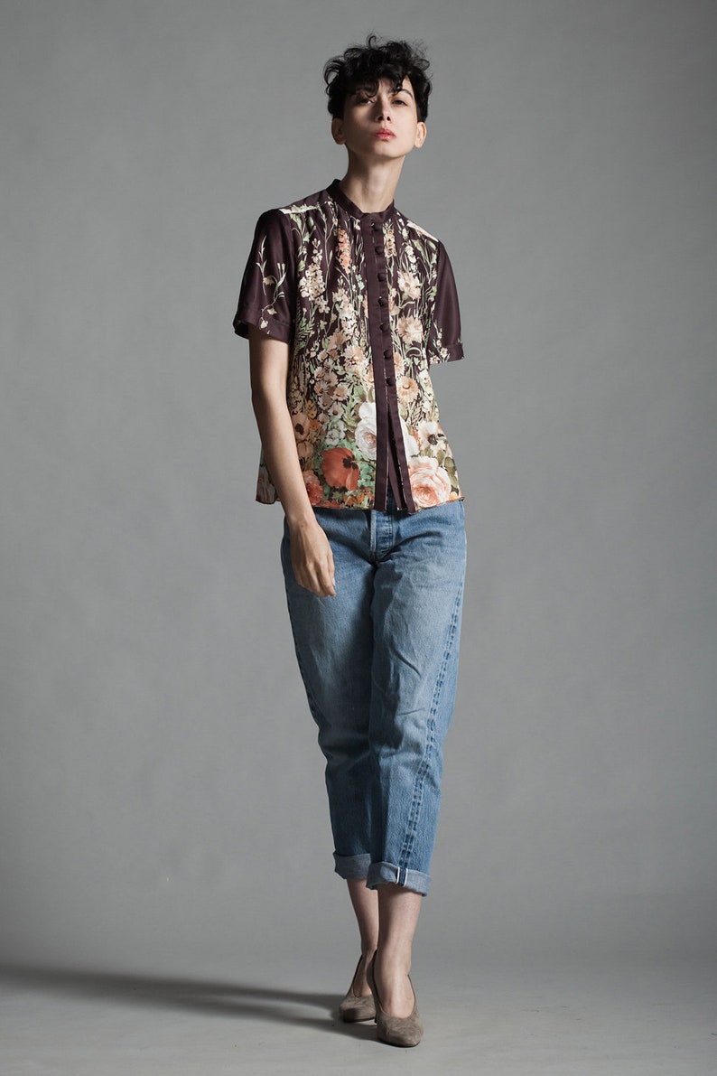 brown watercolor print floral blouse top short sleeves polyester knit vintage 70s SMALL S
