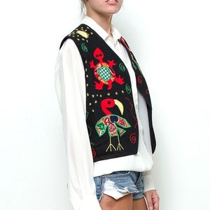 Kitschy Vest Animal Applique Vintage Black Patchwork Embroidery Colorful Festival Top one size S M L SMALL MEDIUM LARGE 21 Width 画像 2