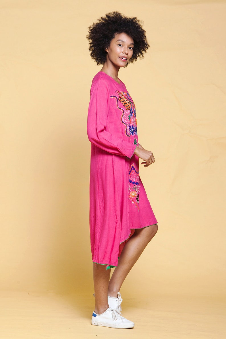 boho cotton festival dress hi-lo bright pink ethnic embroidery floral long sleeves vintage 70s MEDIUM M image 7