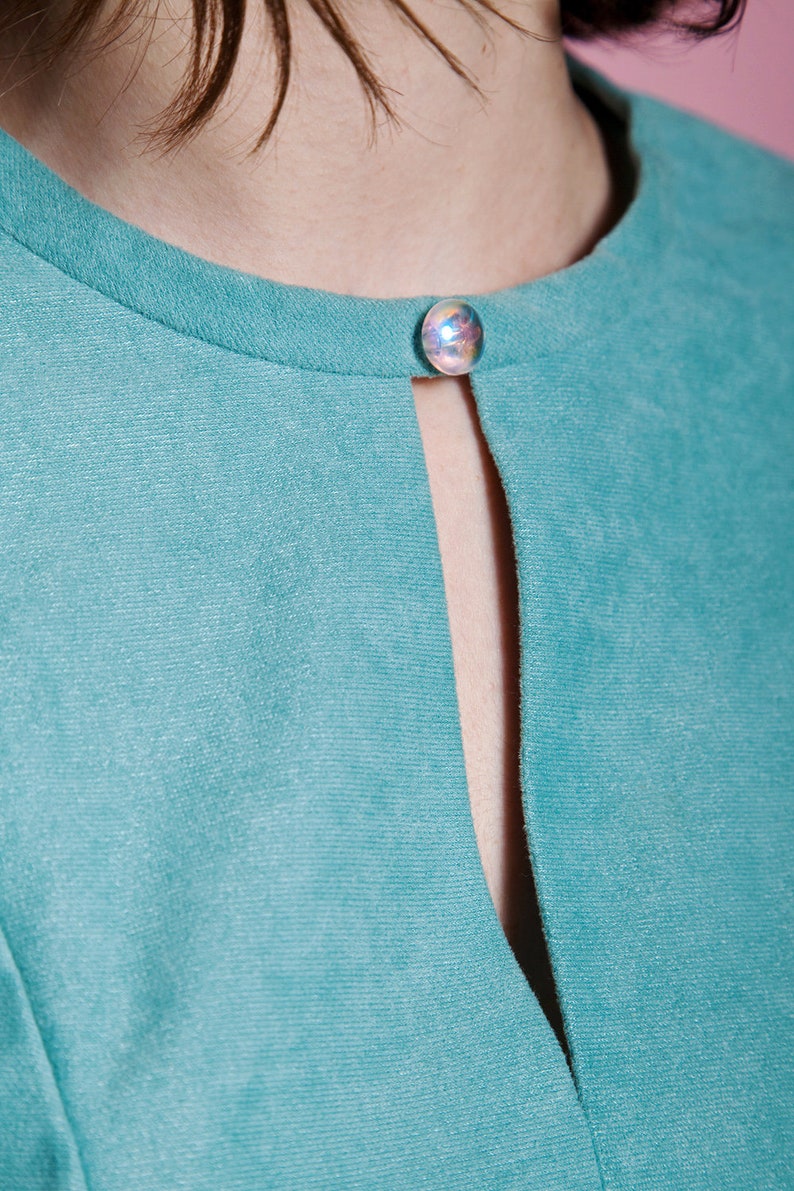 ultrasuede dress aqua blue green flare sleeves keyhole vintage 70s MEDIUM M imagem 10