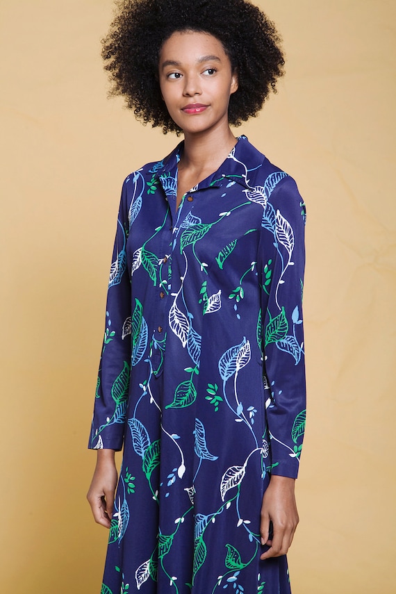 shirt dress leaf print long sleeves navy blue gre… - image 2