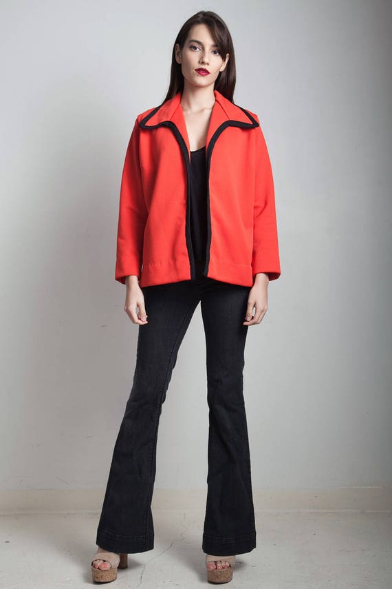 red jacket top open front black trim long sleeves… - image 1