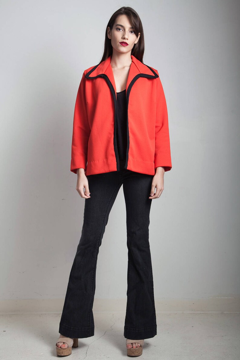 red jacket top open front black trim long sleeves vintage 70s LARGE L 画像 1