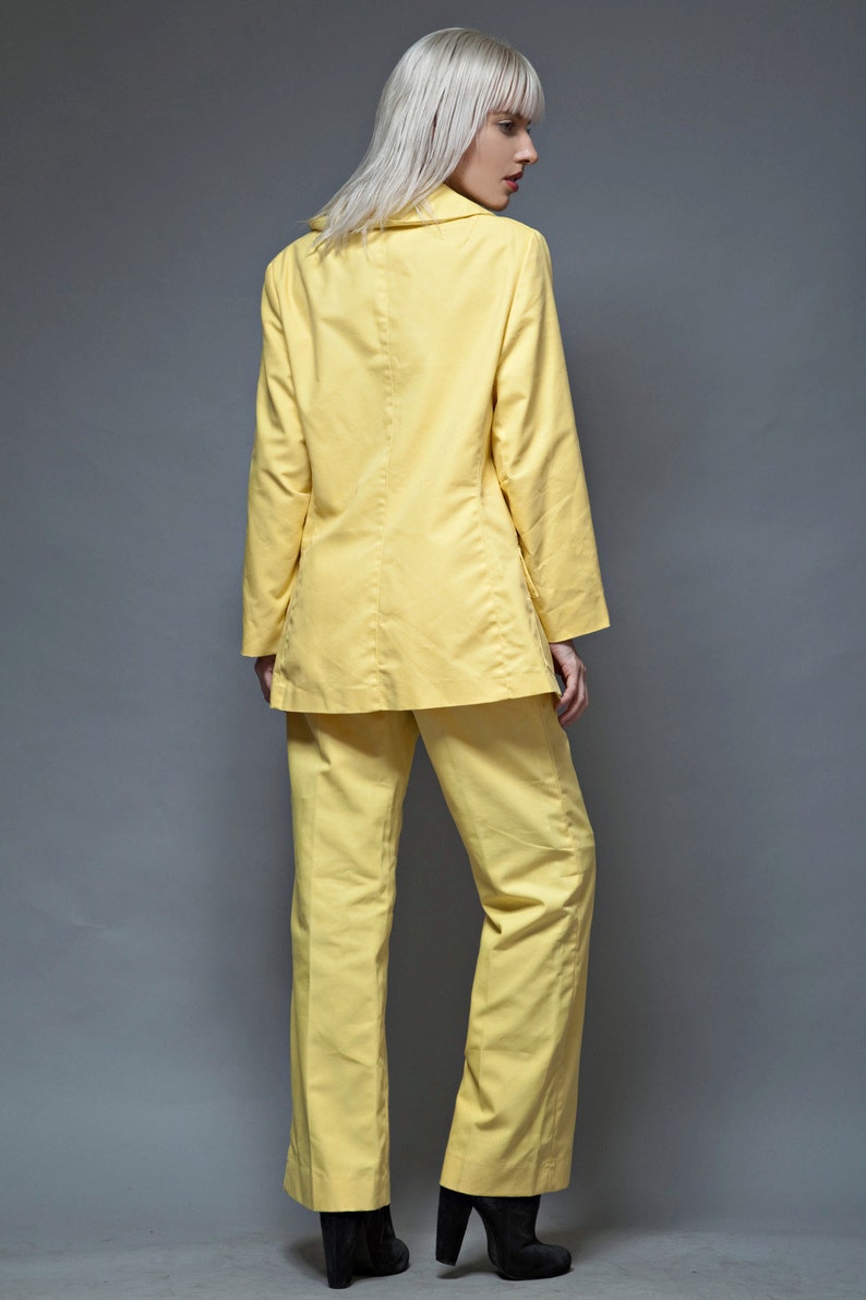 yellow pant suit jacket 2 piece set zipper top vintage 1970s M MEDIUM pants futuristic uniform image 4