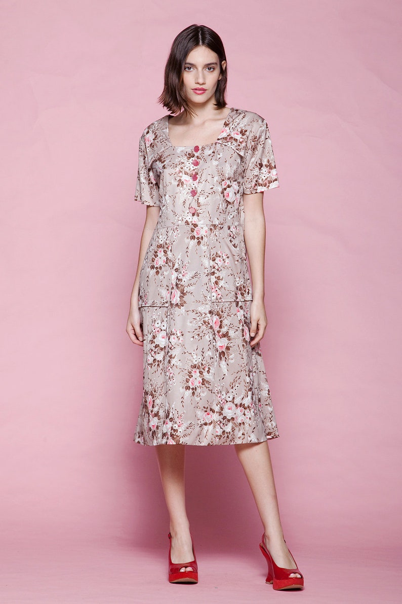 pocket shirtwaist dress brown pink rose print floral slinky short sleeve vintage 70s EXTRA LARGE XL image 4