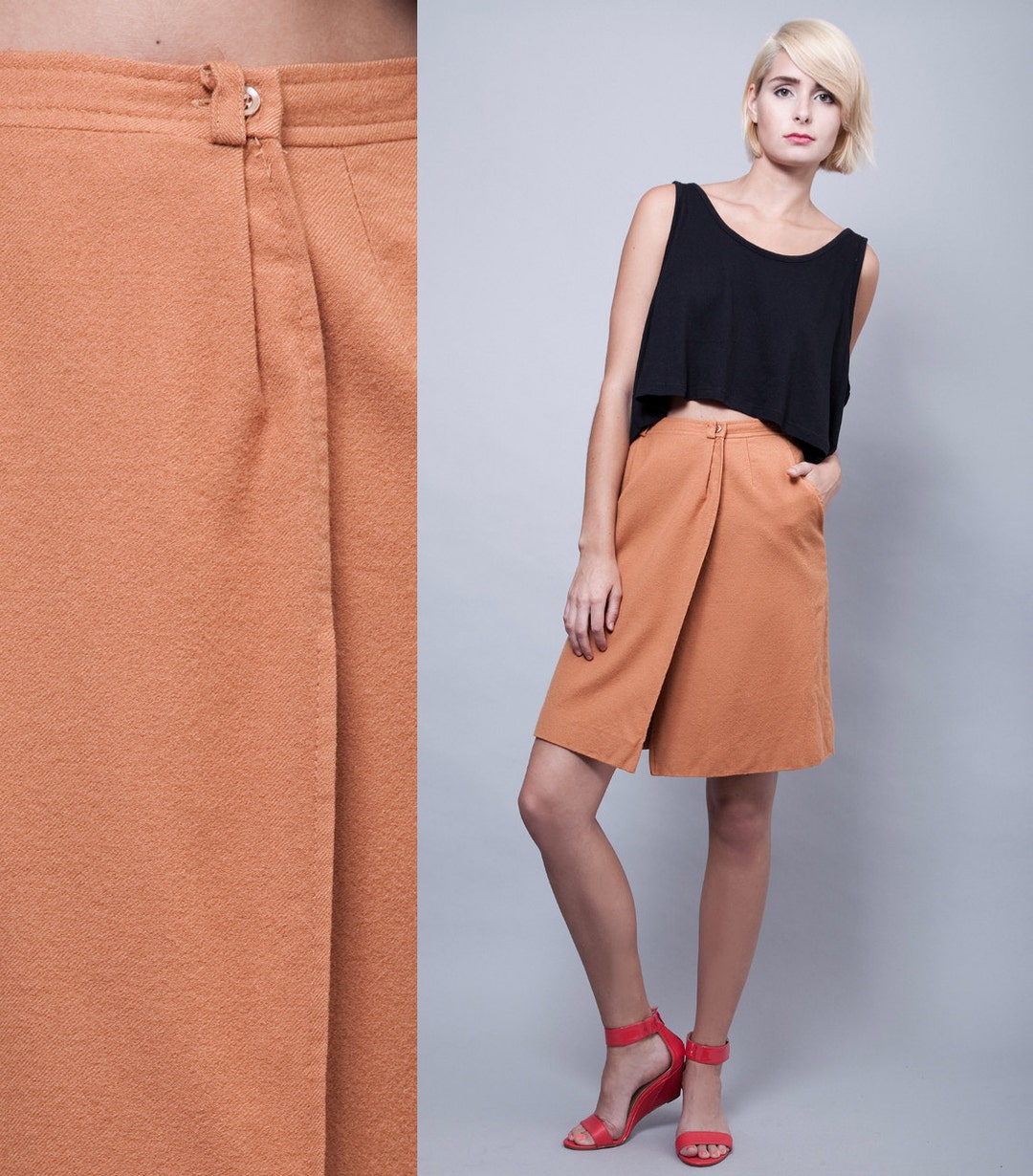 Wool Wrap Skirt Camel Brown Mini Above the Knee Casual Vintage 70s S ...